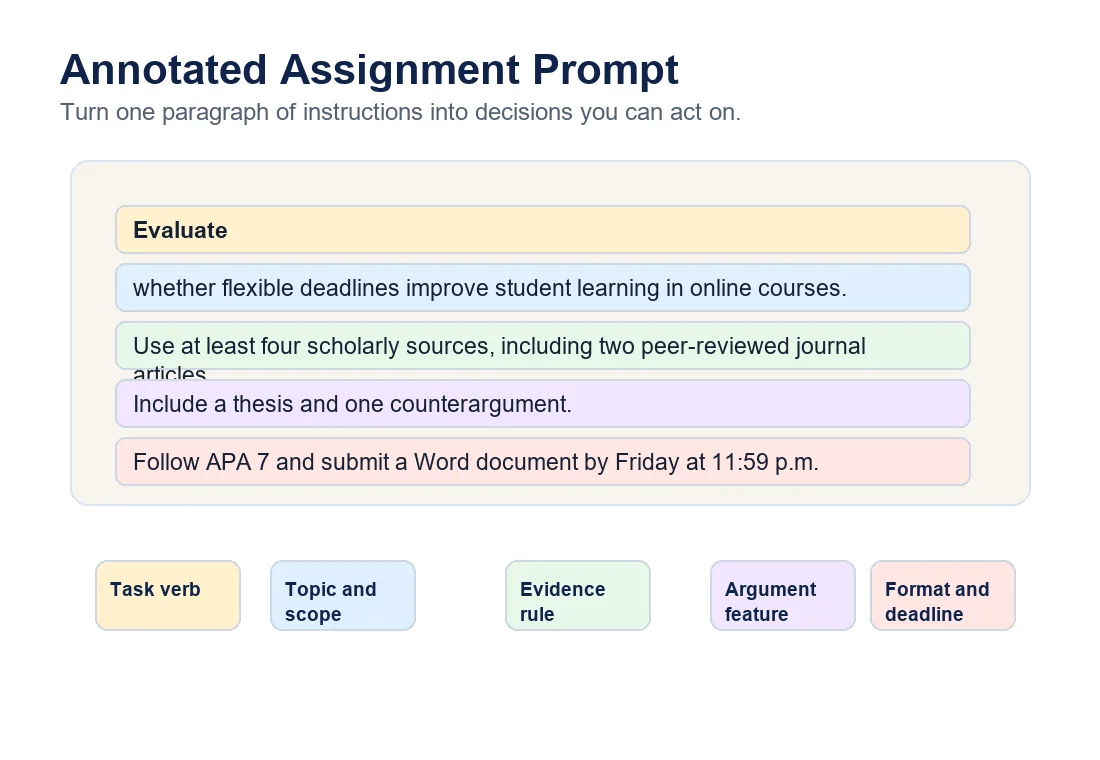 Annotated assignment prompt diagram showing task verb, topic and scope, evidence rule, argument feature, format, and deadline