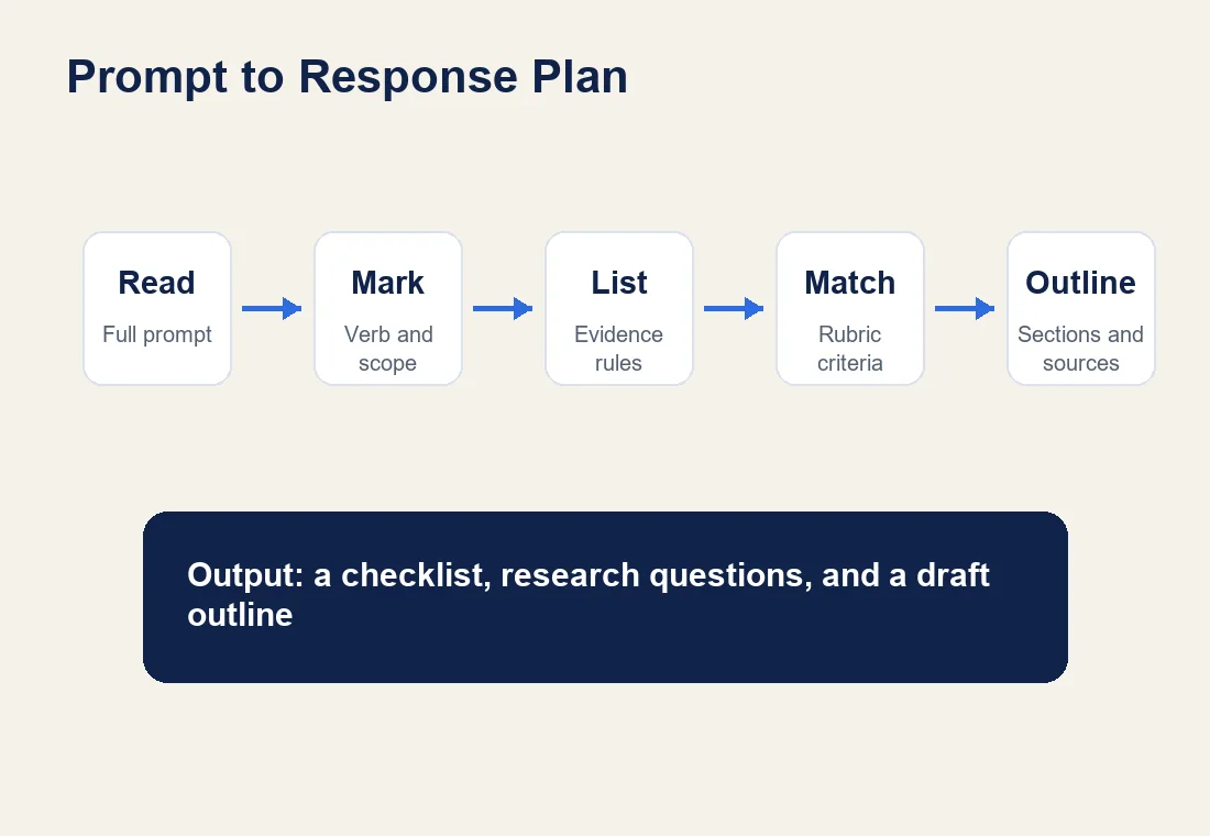 Prompt-to-outline workflow moving from reading the prompt to marking scope, listing evidence, matching the rubric, and building an outline