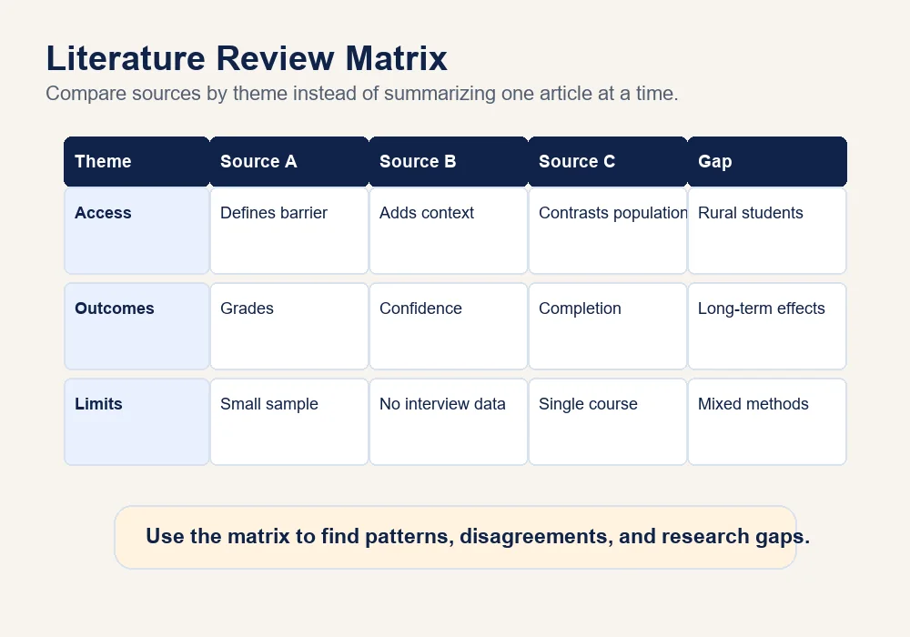 Literature review matrix comparing sources by themes, patterns, disagreements, and gaps