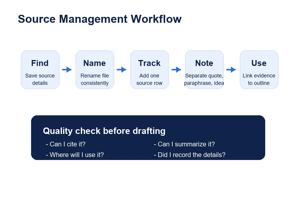Source management workflow from finding a source to linking evidence to an outline