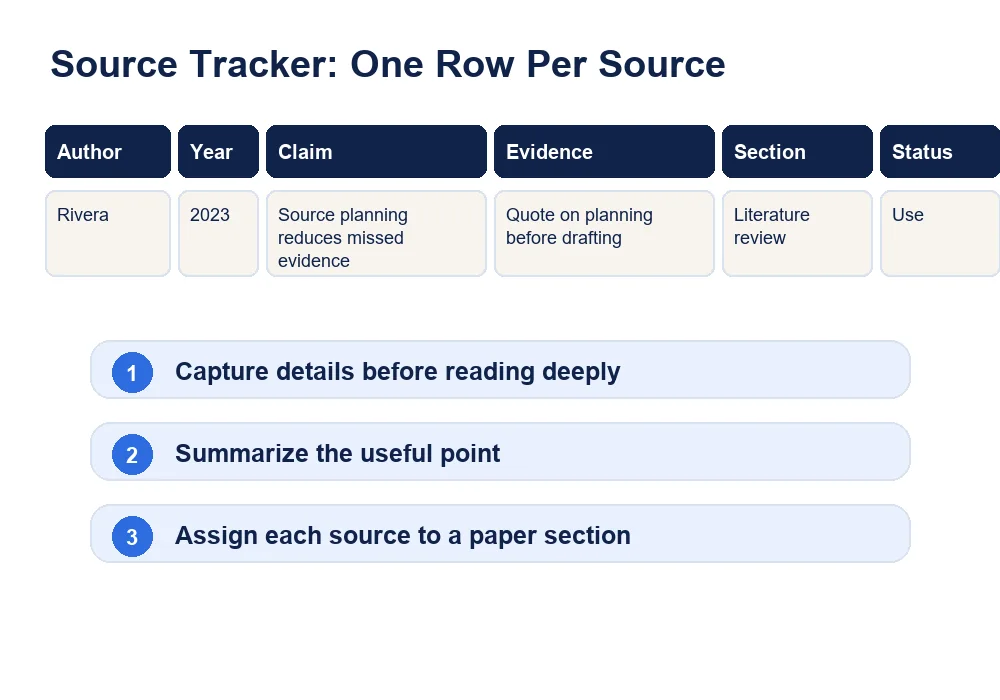 Source tracker visual showing one row per source with author, year, claim, evidence, section, and status